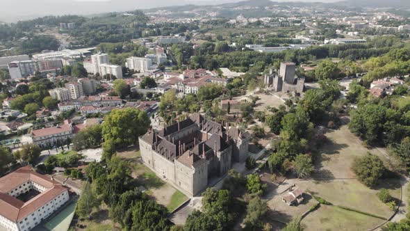 Drone flight over medieval Palace of the Dukes of Braganza; Guimaraes