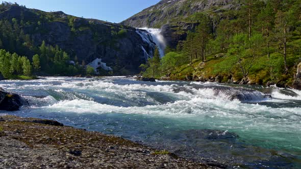 Nature of Central Norway. Mountain River Flowing Vigorously Causing White Splashes. Evergreen Forest alt