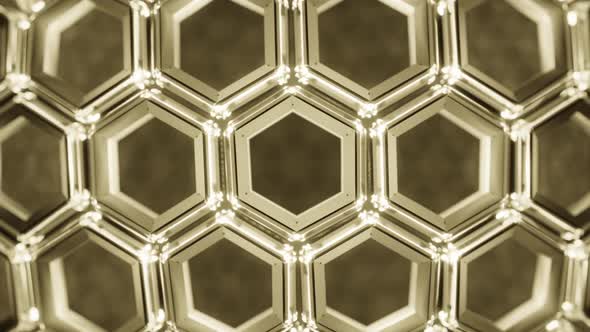 3D animation of golden hexagon honeycomb pattern, an abstract modern art motion graphics background