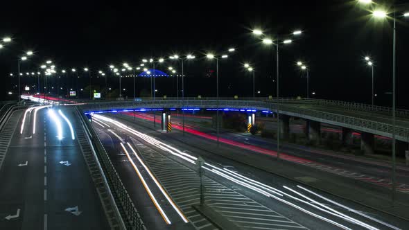 Lights Of Cars On The Road Of A Big Night City, Time Lapse, Track