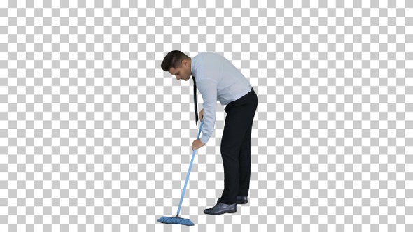 Man in Official Clother Sweeping the Floor, Alpha Channel alt