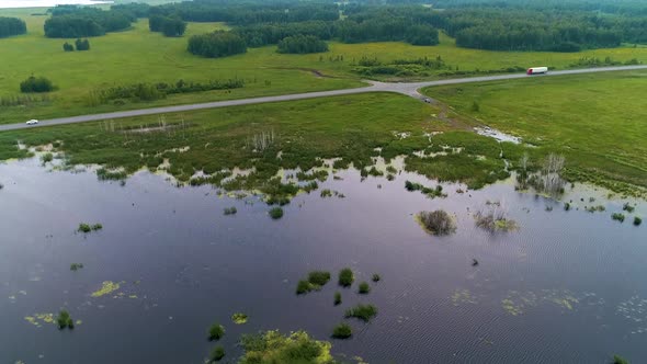 Aerial View Of The White Truck Ride On The Road