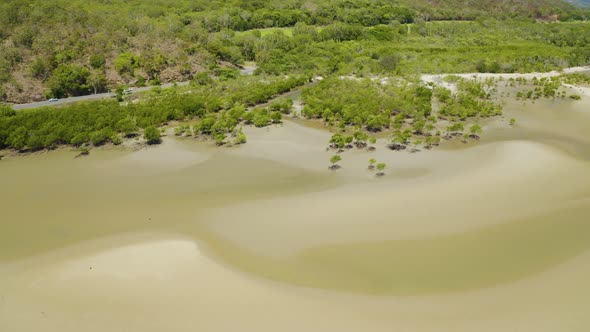 Aerial View On Low Tide, Huge Sand Ocean Bed And Mangroves Growing In Queensland Australia