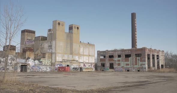 View of an established shot of abandoned manufacture building in Detroit, Michigan. This video was f alt