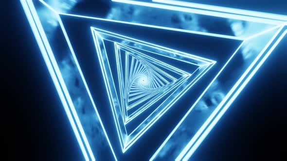 Rotating triangular tunnel with neon lines. Design. Triangular tunnel with neon lines