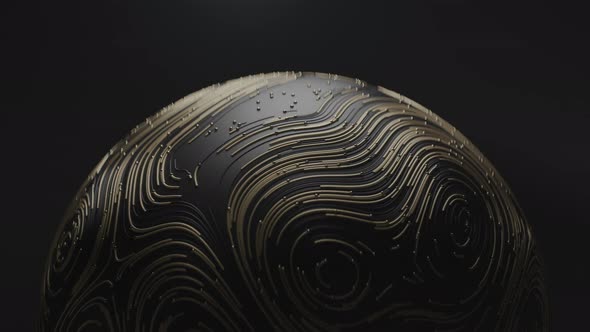 Spinning Golden Ball with Circular Topographic Animated Lines and Particles on Black Background alt