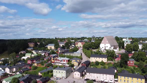Aerial - Beautiful Porvoo Cathedral in Porvoo, Finland, wide shot forward alt