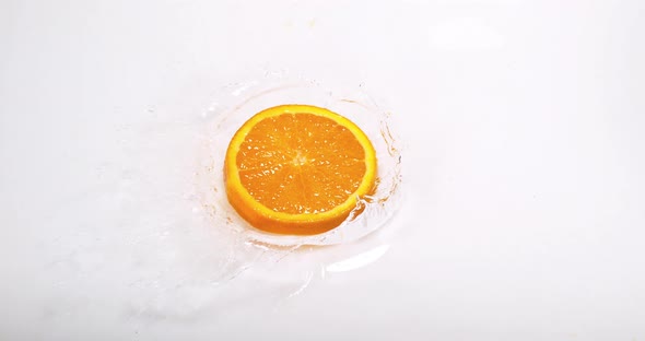 Orange, citrus sinensis, Slice Falling on Water and splashing, against White Background alt