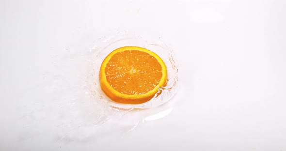 Orange, citrus sinensis, Slice Falling on Water and splashing, against White Background