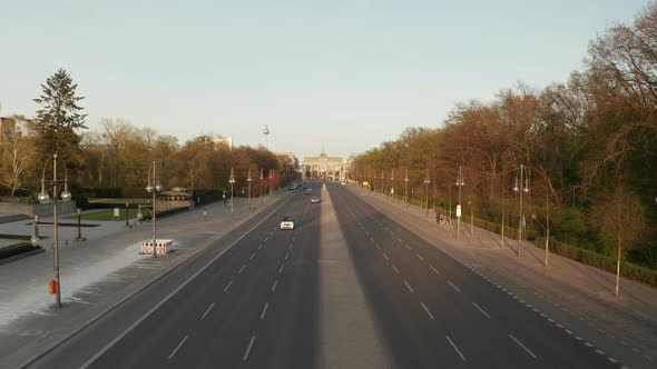 AERIAL: Empty Brandenburger Tor in Berlin, Germany Due To Coronavirus COVID 19 Pandemic in Sunset alt