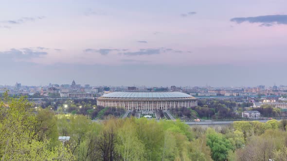 Panoramic View of Moscow City Russia From Sparrow Hills Day To Night Timelapse alt