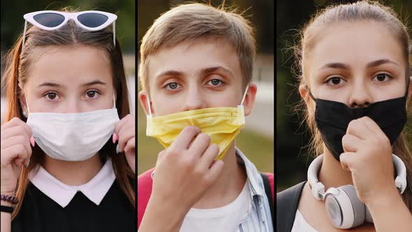Group of Schoolchildren Taking Off Medical Masks and Smiling alt