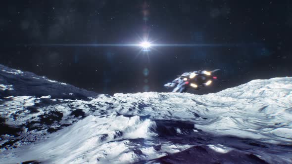 Spaceship Moving Over The Surface Of A Moon Before Heading Out To Space alt