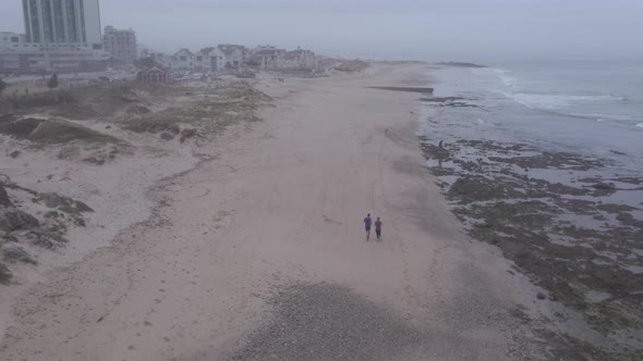 Aerial View of Coastline with People Seen Jogging with Their Dog