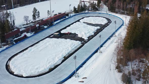 Artificially Frozen Skating Track On Snowy Landscape In Zakopane, Poland During Winter. COS Zakopane alt