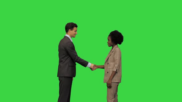 A Young White Man and a Young African American Woman in Business Clothes Shake Hands on a Green alt