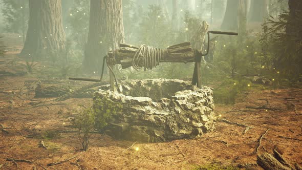 Old Stone Draw Well in the Forest with Fog alt