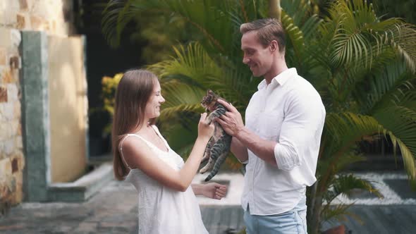 Big Sporty Caucasian Man Hand Kitten to His Beautiful Woman in Slow Motion alt