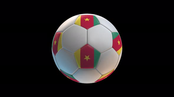 Soccer ball with flag Cameroon, on black background loop alpha