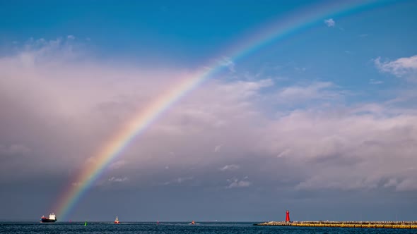 Timelapse of Moving Storm Clouds And Rainbow Over Sea. Baltic Sea, Bay Of Gdansk, Poland