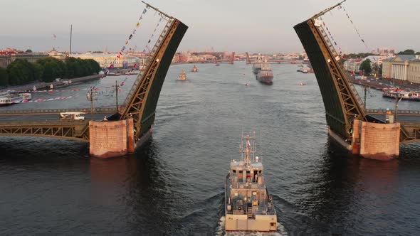 Aerial Landscape with Warships in the Neva River Before the Holiday of the Russian Navy at Early alt