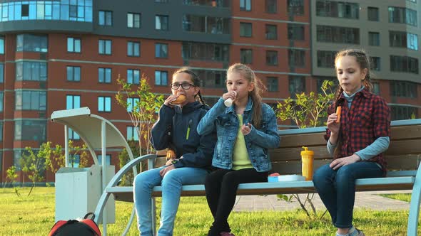 A Group of Children Friends Are Sitting on a Bench and Eating alt