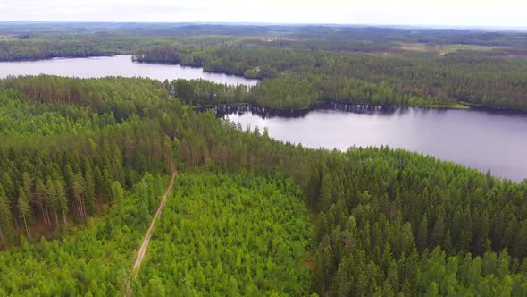 Drone view of a private road leading to a secret cabin middle of nowhere. Finland, July 2018. alt