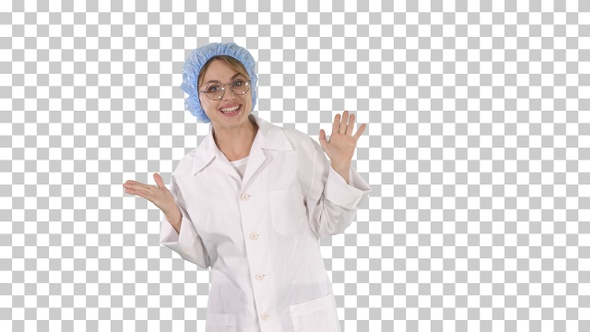 Geek young blonde doctor woman talking to camera, Alpha Channel alt