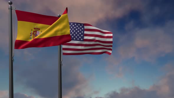Spain Flag Waving Along With The National Flag Of The USA - 4K alt