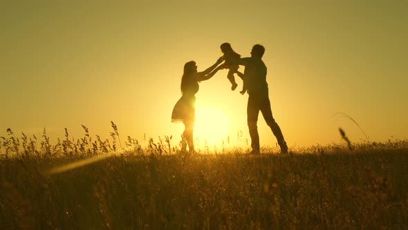 Concept of a Happy Childhood. Child, Dad and Mom Play in the Meadow in the Sun. Mother, Father and alt