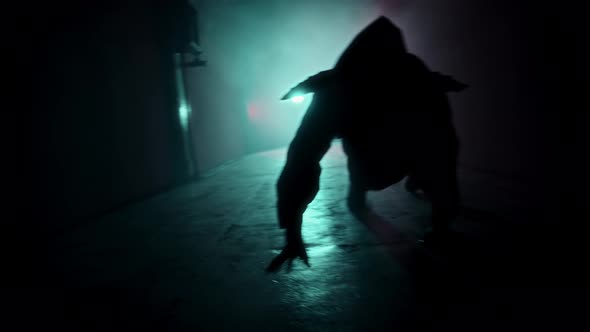 Demon with Horns Crawling in Corridor alt