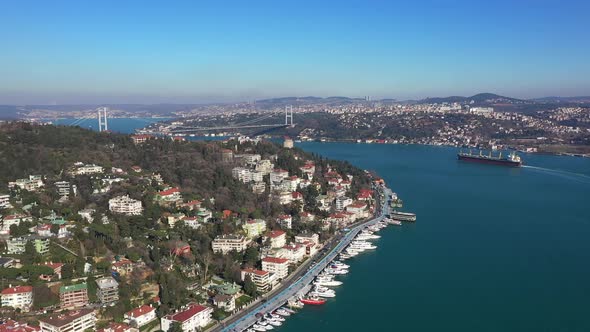 Istanbul Bebek Bosphorus Bridge Cargo Ship Aerial View alt