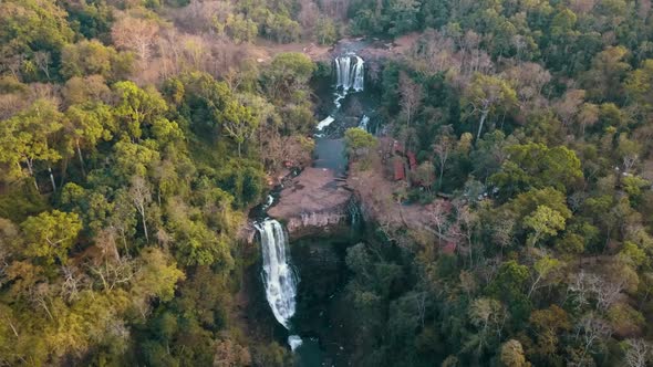 Aerial drone view of Bousra Waterfall in Pech Chreada, Cambodia alt
