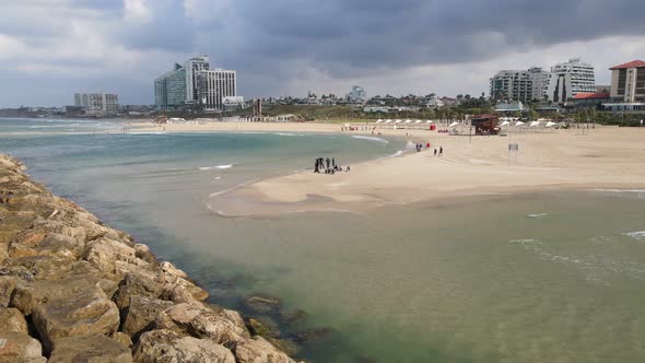 Aerial Drone View Over the Sea and Group of Scuba Divers Enjoying Their First Diving Lessons