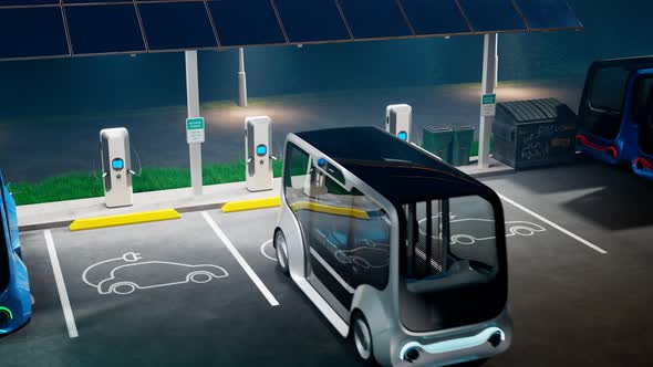 Electric minibus charging station. A vehicle stopped to charge the battery. alt