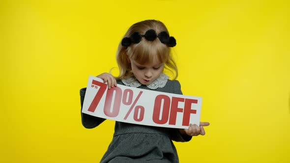 Child Girl Showing Up To 70 Percent Off Inscription Low Prices, Advertising Discounts, Smiling alt