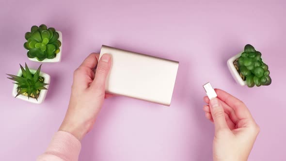Hands of a young girl hold a portable power bank for fast charging of smartphones and insert
