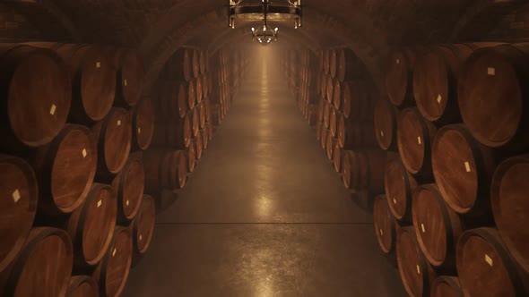 Oak Barrels stacked In a dark Wine Cellar or basement. Traditional winery. alt