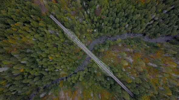 Aerial top down rotating footage of an old and abandoned bridge spanning across a creek. alt