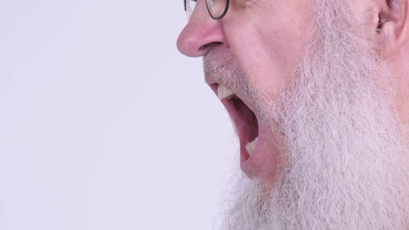 Profile View of Face of Angry Mature Bald Bearded Man Shouting and Screaming alt