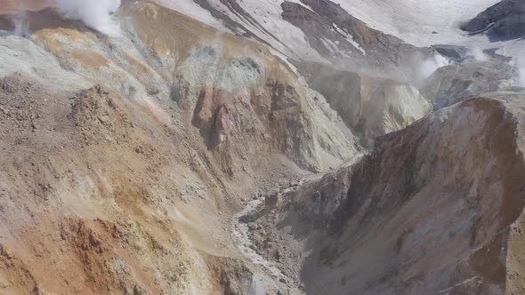 Aerial Drone Footage of Mutnovsky Volcano Crater with Fumaroles and Glacier