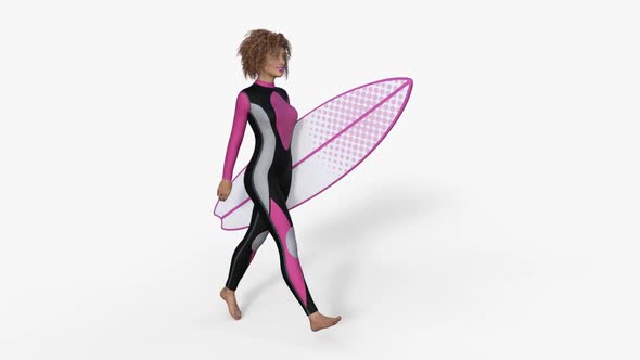 the Girl Steps with Surfing Board