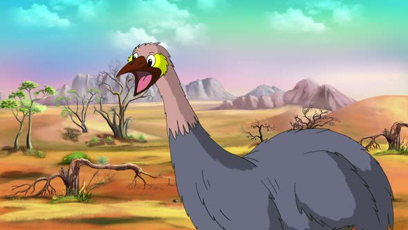Gray ostrich comes, screams and leaves