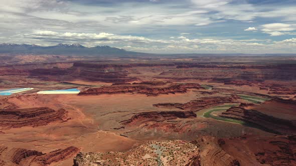 Potash Mine Water Evaporation Ponds Near Moab, Utah, USA - aerial drone shot alt
