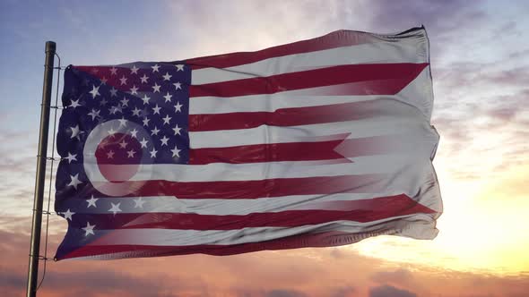 Ohio and USA Flag on Flagpole alt