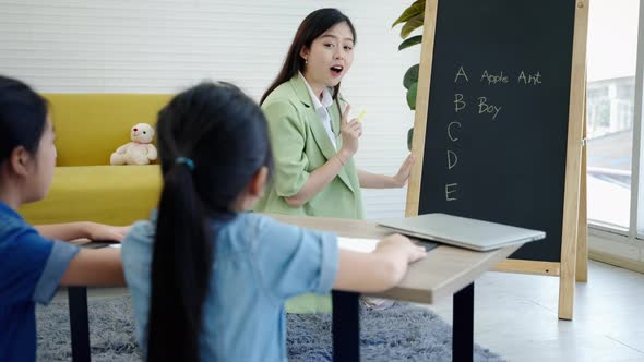 The tutor is teaching students in tutorial school, she is teaching basic English to Asian children. alt