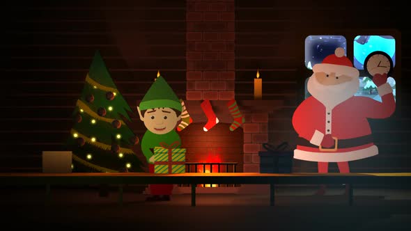 Elf is wrapping gift boxes placed on conveyor belt in the old wooden cottage. alt