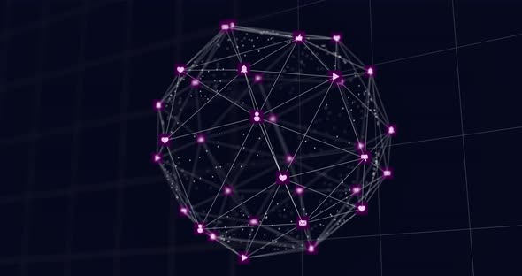 Animation of purple network connections forming globe with social media icons on black background alt