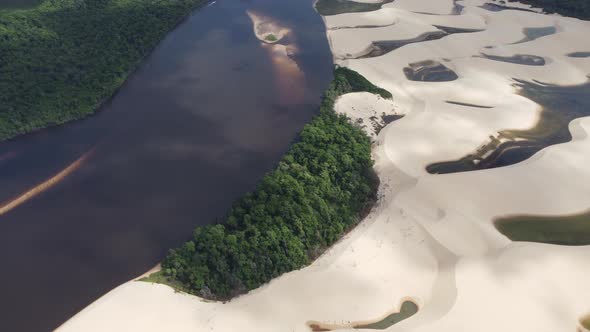 Brazilian landmark rainwater lakes and sand dunes. Lencois Maranhenses Brazil. alt