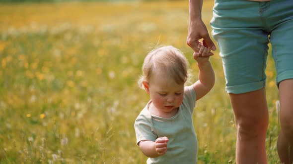 Mom and baby are walking in the forest. The concept of visiting fresh air, f alt